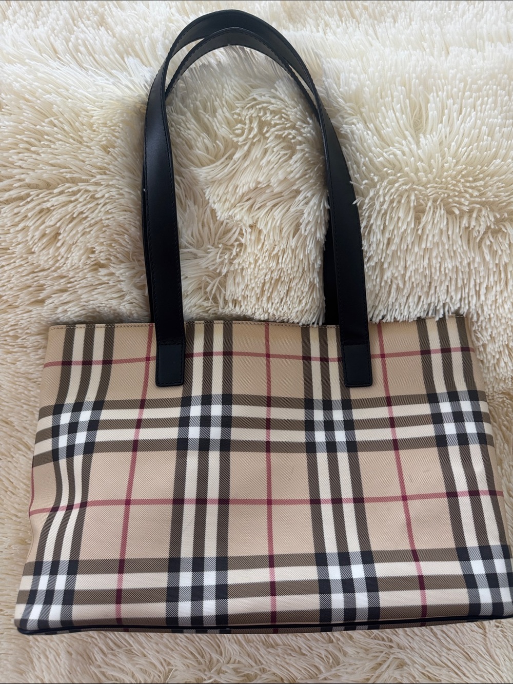 Burberry Beige Check Canvas Tote with Black Leather Straps